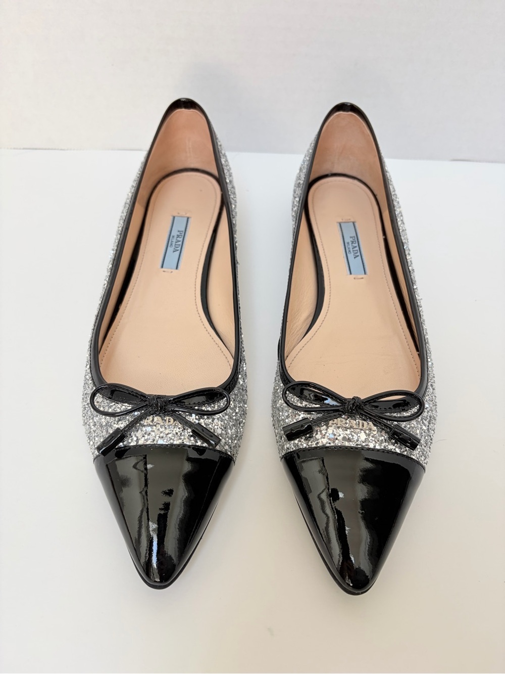 Prada Glitter Ballet Flats Pointed Toe Bow Patent Leather Silver Black Size 38.5